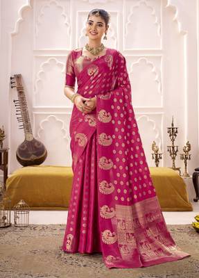 rani pink roop silk blend zari weaving saree with blouse 1
