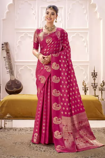 rani pink roop silk blend zari weaving saree with designer blouse