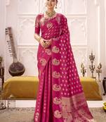 rani pink roop silk blend zari weaving saree with designer blouse