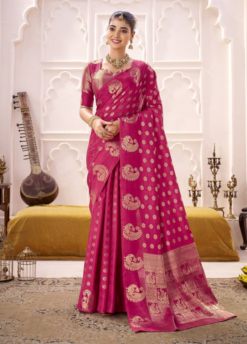 rani pink roop silk blend zari weaving saree with designer blouse