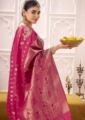 rani pink roop silk blend zari weaving saree with blouse 3
