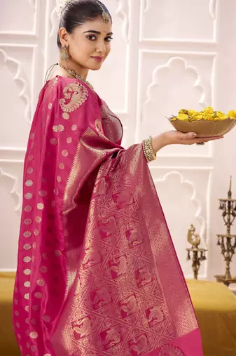 rani pink roop silk blend zari weaving saree with blouse