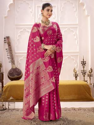 rani pink roop silk blend zari weaving saree with blouse 4