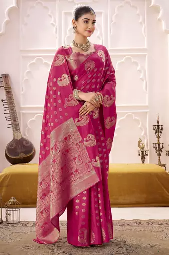 rani pink roop silk blend zari weaving saree with blouse