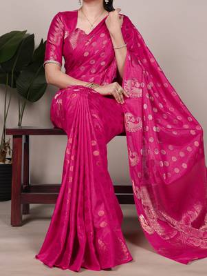 rani pink roop silk blend zari weaving saree with blouse 5