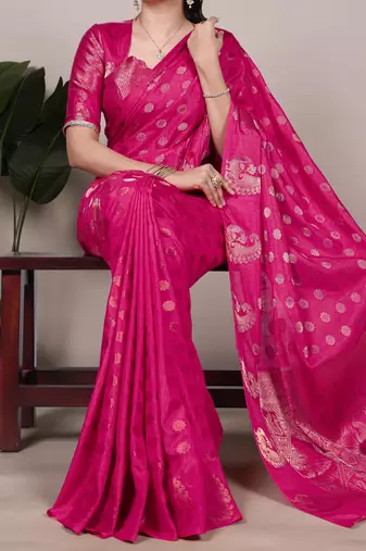 rani pink roop silk blend zari weaving saree with blouse