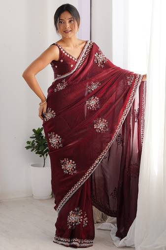 maroon luxury space silk handwork saree with original beads work 