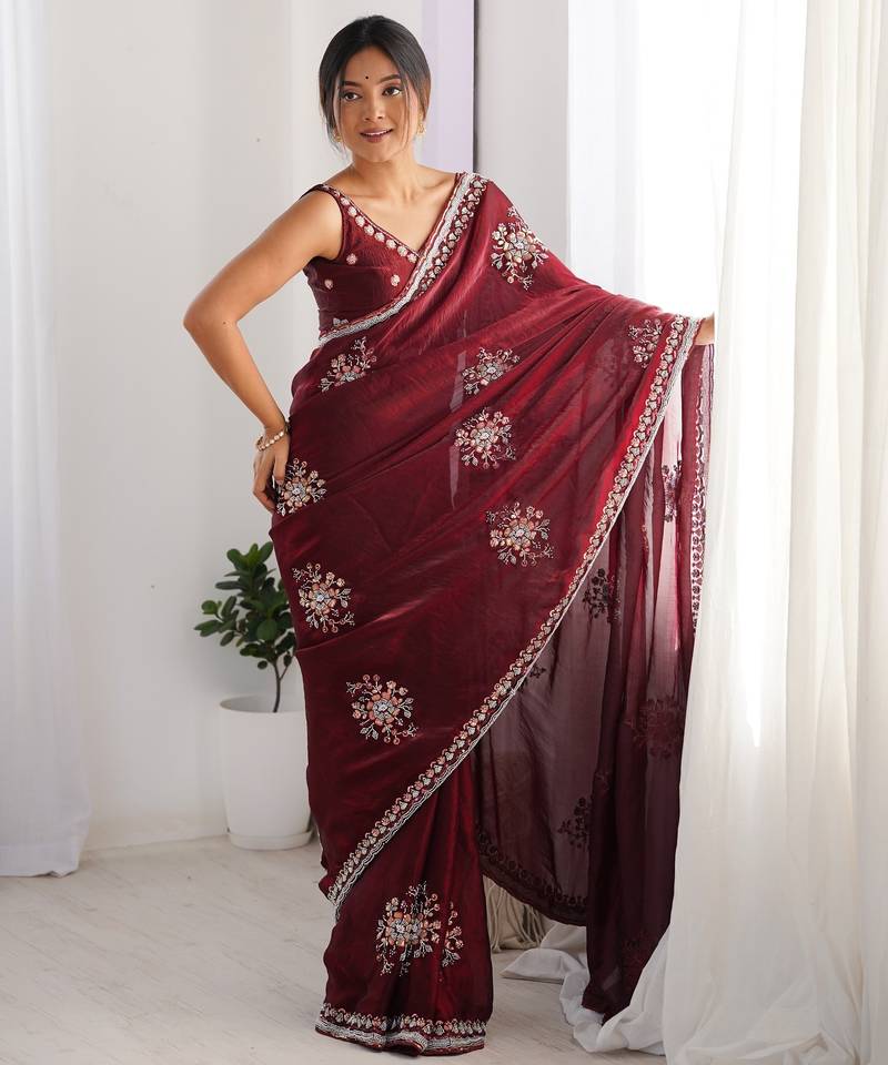 maroon luxury space silk handwork saree with original beads work 