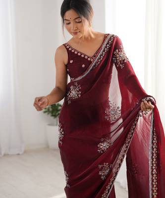 maroon luxury space silk blend handwork saree with original beads work  2