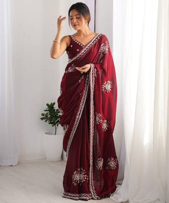 maroon luxury space silk blend handwork saree with original beads work  3