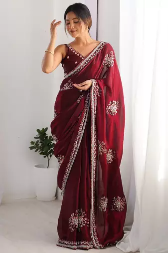 maroon luxury space silk blend handwork saree with original beads work 