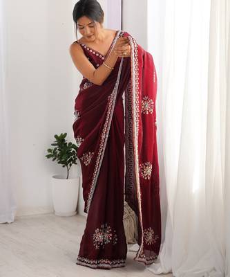 maroon luxury space silk blend handwork saree with original beads work  4