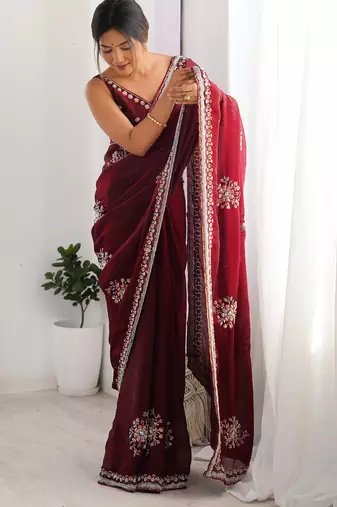 maroon luxury space silk blend handwork saree with original beads work 