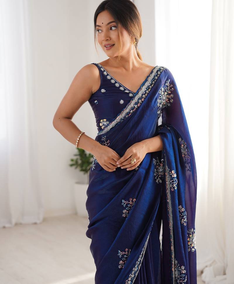 luxury space silk handwork saree with original beads work 