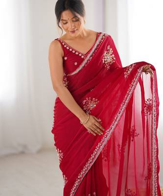 red color luxury space silk blend handwork saree with original beads work  1