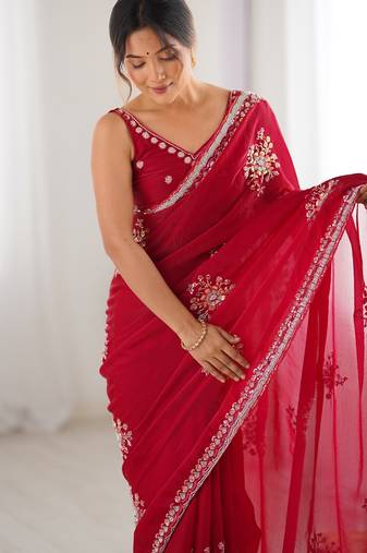 red color luxury space silk handwork saree with original beads work 