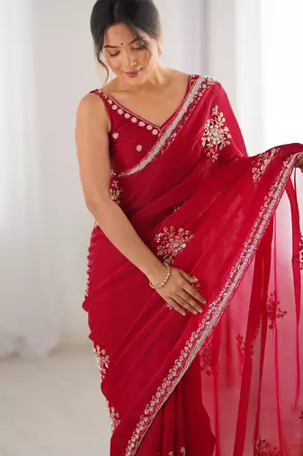 red color luxury space silk handwork saree with original beads work 