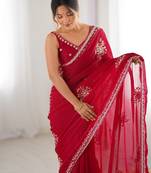 red color luxury space silk handwork saree with original beads work 