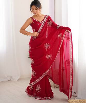 red color luxury space silk blend handwork saree with original beads work  2