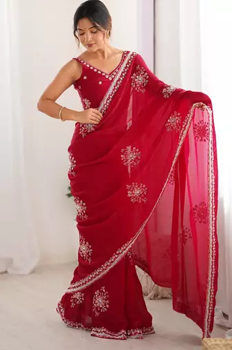 red color luxury space silk blend handwork saree with original beads work 