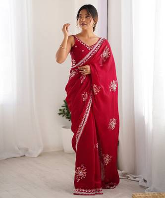 red color luxury space silk blend handwork saree with original beads work  3