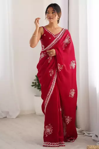 red color luxury space silk blend handwork saree with original beads work 