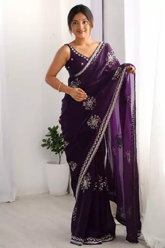luxury space silk blend handwork saree with original beads work 
