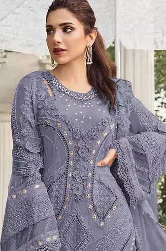 Purple embroidered georgette stitched salwar suit