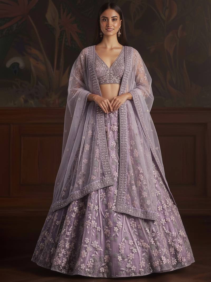  purple sequins embroidered net lehenga set choli with dupatta