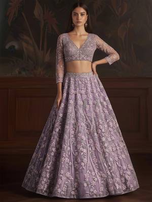  purple sequins embroidered net lehenga set choli with dupatta 2