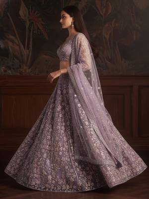  purple sequins embroidered net lehenga set choli with dupatta 3