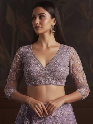  purple sequins embroidered net lehenga set choli with dupatta 4