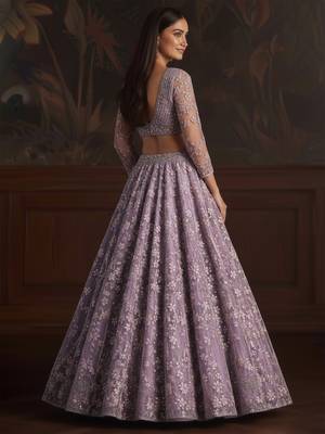  purple sequins embroidered net lehenga set choli with dupatta 5