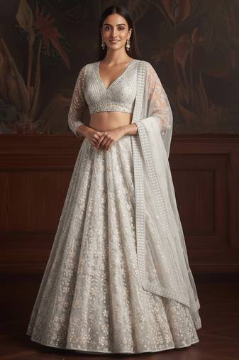 white sequins embroidered net lehenga set choli with dupatta