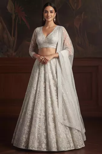 white sequins embroidered net lehenga set choli with dupatta