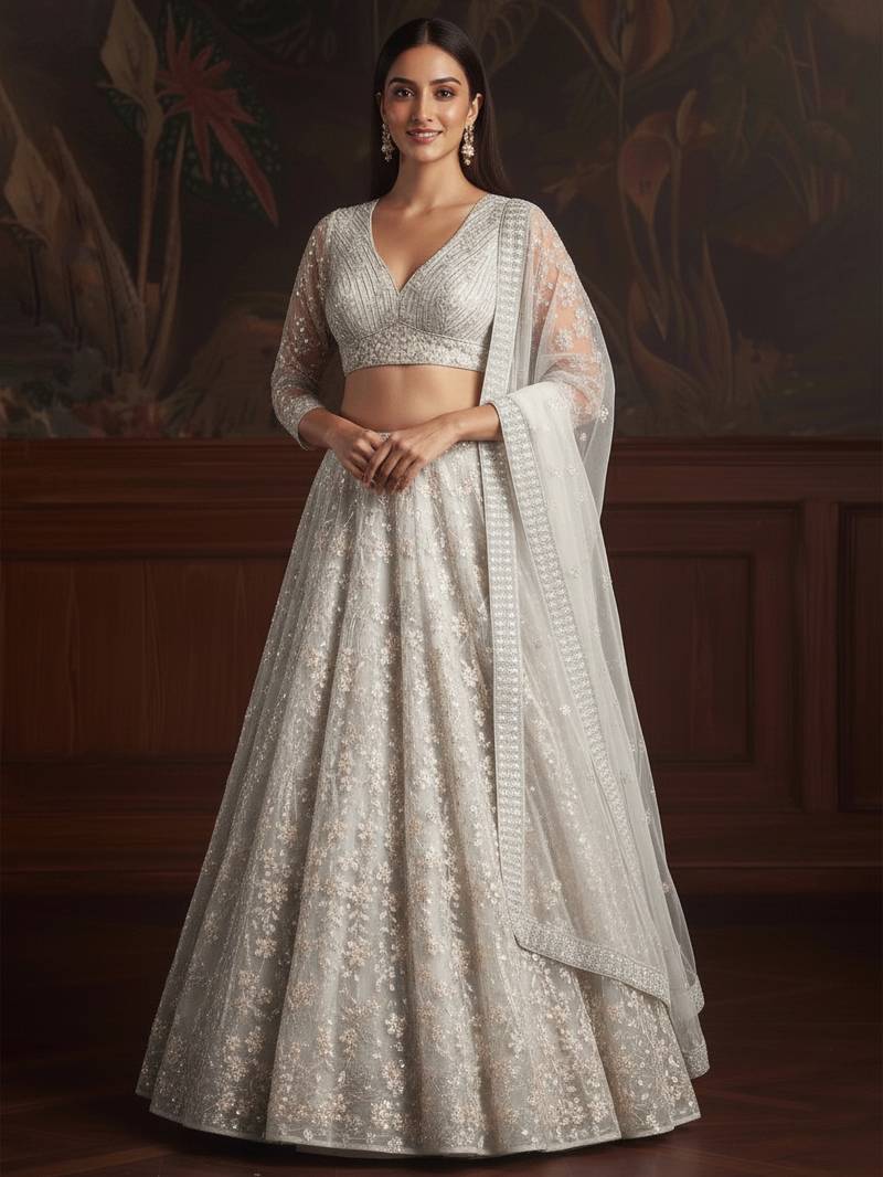 white sequins embroidered net lehenga set choli with dupatta