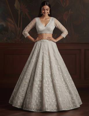 white sequins embroidered net lehenga set choli with dupatta 2