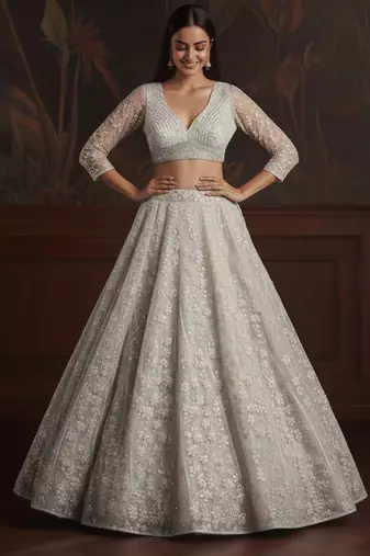 white sequins embroidered net lehenga set choli with dupatta