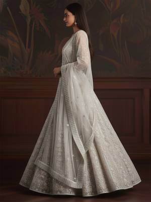 white sequins embroidered net lehenga set choli with dupatta 3