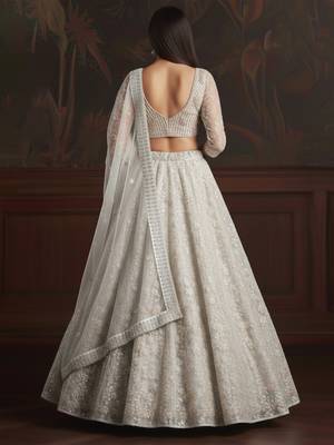 white sequins embroidered net lehenga set choli with dupatta 4