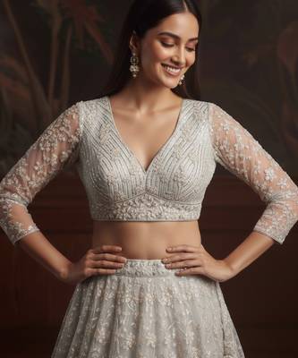 white sequins embroidered net lehenga set choli with dupatta 5