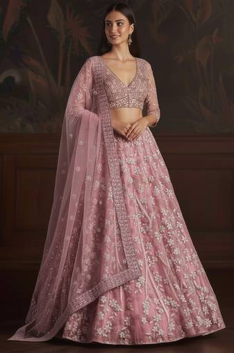 pink sequins embroidered net lehenga set choli with dupatta