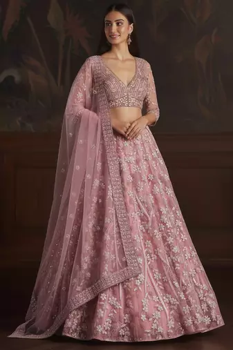 pink sequins embroidered net lehenga set choli with dupatta