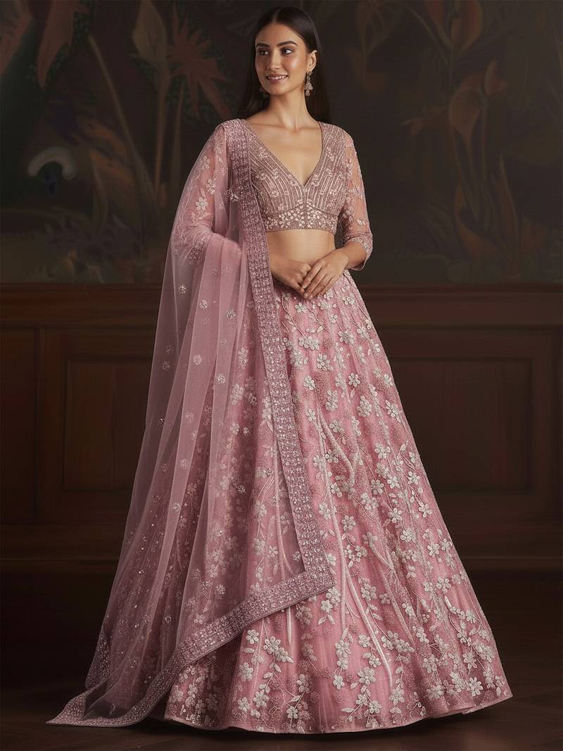 pink sequins embroidered net lehenga set choli with dupatta