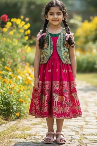 pink pavadai frock with short jacket for girls