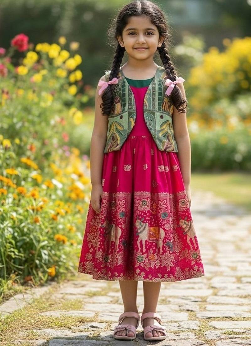 pink pavadai frock with short jacket for girls