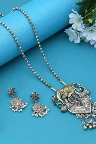 Rani & green color dual tone oxidised necklace set with beautifully detailed handcrafted accents