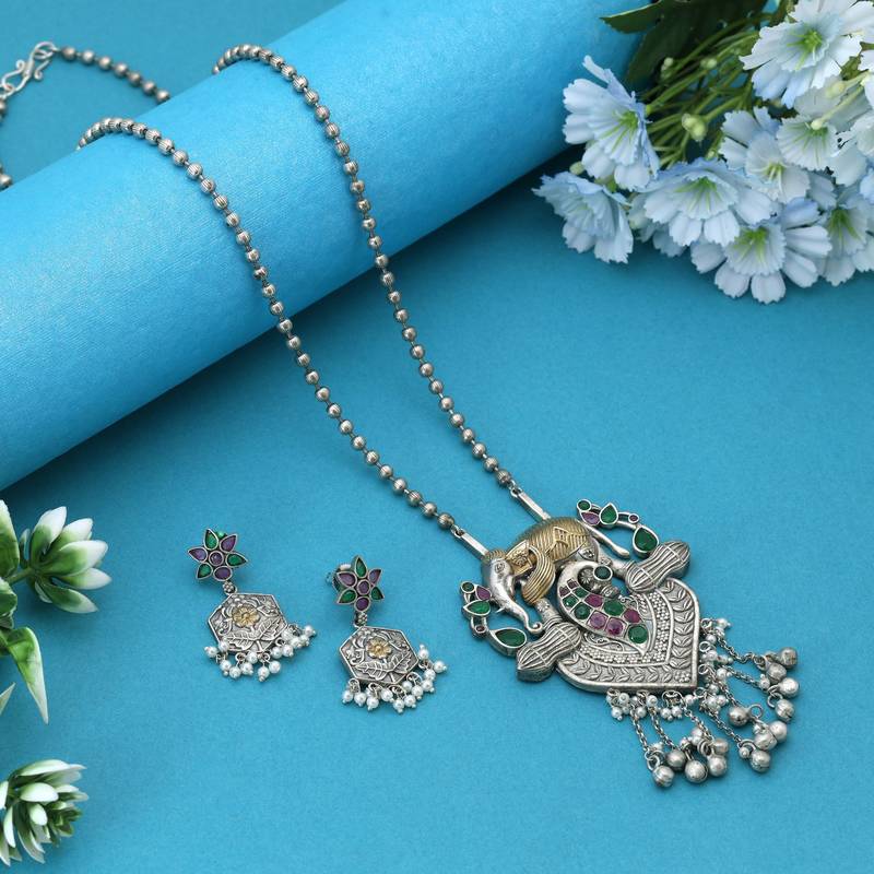Rani & green color dual tone oxidised necklace set with beautifully detailed handcrafted accents