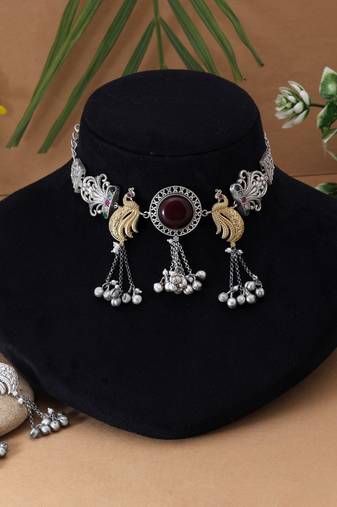 Multi color dual tone oxidised necklace set crafted with intricate patterns for elegant wear