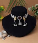 Multi color dual tone oxidised necklace set crafted with intricate patterns for elegant wear